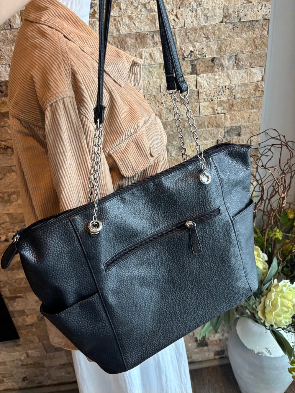 Stone Mountain Accessories Black Pebbled Tote with Chain-Strap Accents